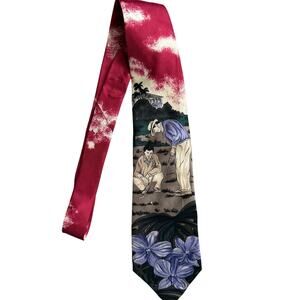Oscar de la Renta Silk Necktie Golf Themed Floral Red Novelty Print Tie Made USA